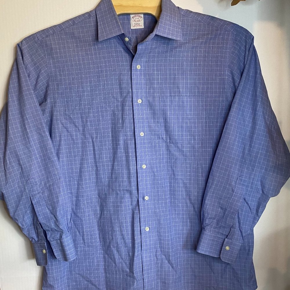 Brook Brothers Men's Blue Plaid Cotton Dress Shirt 17 35 Long sleeve